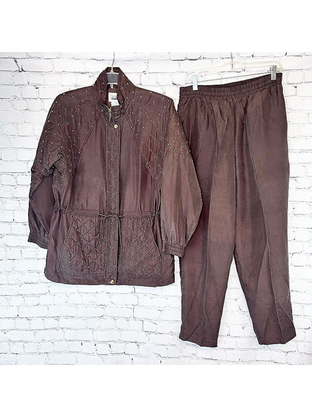 VINTAGE SHERI SPORT BROWN SILK GOLD BEAD DRAWSTRING WAIST TRACK SUIT - M